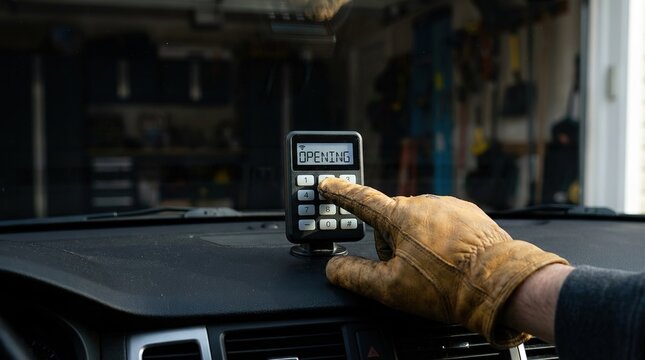 A hand in a work glove interacts with a digital device on a car dashboard, capturing a moment of technology integration in the automotive context.