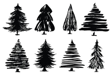 Black Christmas Trees Collection in Hand Drawn Style with Grunge Texture. Rough pine trees silhouettes with textured brush strokes and distressed ink lines perfect for winter holiday cards, wrapping