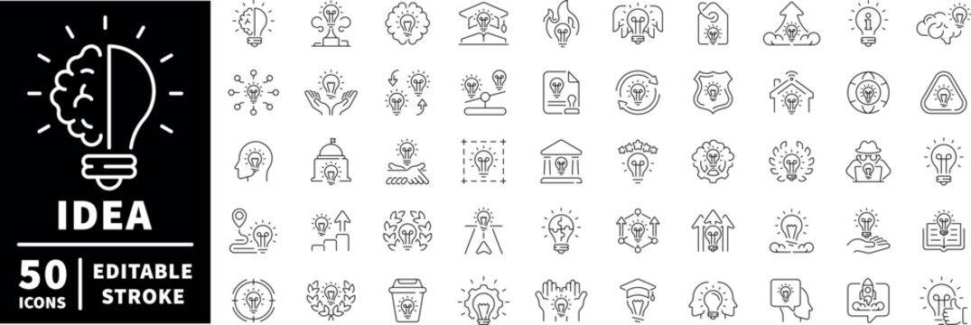 Idea and creativity icons set. editable line icons, outline, innovation symbols