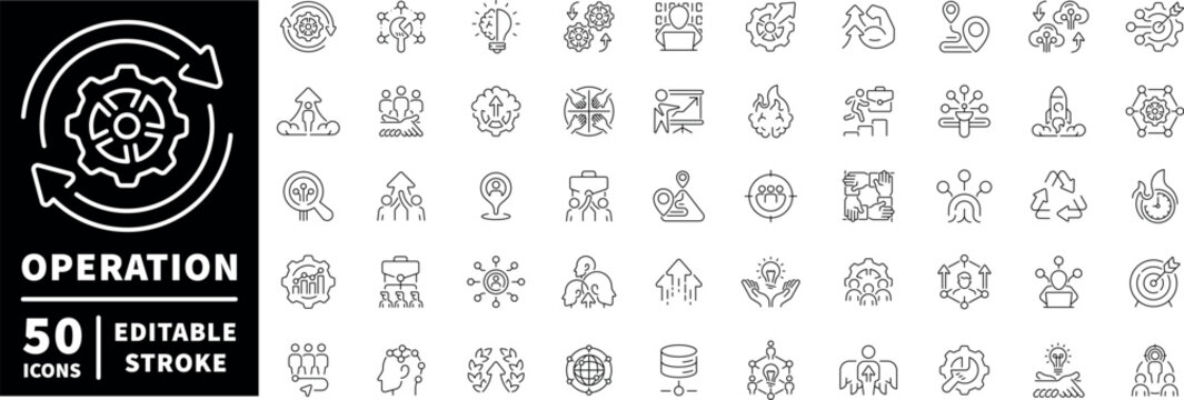 Operations icons set. linear, editable line icons for workflow and process management
