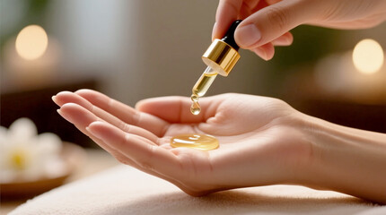 Oil drop on a woman’s hand with soft wellness lighting for premium massage service visuals in an aroma therapy scene with natural skin realism and wide copy space for commercial spa branding