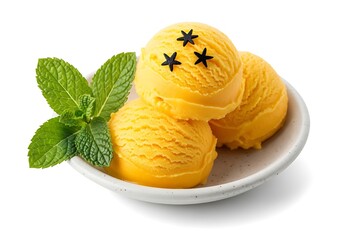 Delicious scoops of yellow ice cream with fresh mint leaves and star sprinkles