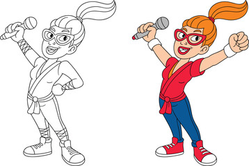 Cartoon character illustration, microphone pose, singing performer, line to color transformation, expressive art, vibrant outfit, animation