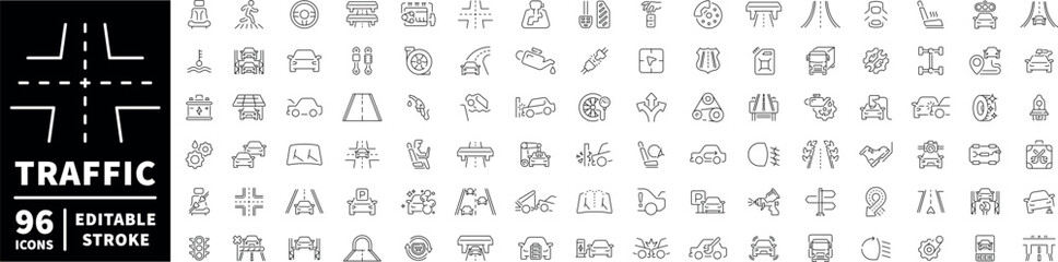 Traffic icons set. editable line icons, road, transport, outline style symbols