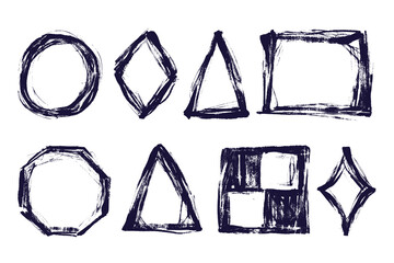 Hand Drawn Grunge Geometric Set. Rough ink circles, triangles, squares and diamonds with textured brush strokes on white background. Perfect for media, posters, banners, cards and web.