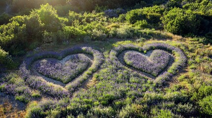 An aerial view of two heart-shaped gardens filled with blooming lavender flowers, set amidst lush green vegetation and bathed in warm, golden sunlight.