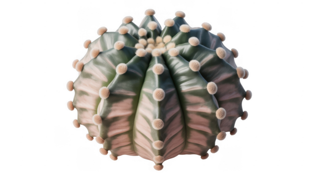 Astrophytum cactus with fluffy white areoles and variegated green and pink stripes isolated on a transparent background