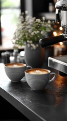 Two cups of coffee with intricate latte art sit on a dark countertop next to an espresso machine. A vase of delicate white flowers and blurred lights create a c