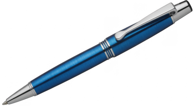 Blue brushed metal ballpoint pen with silver accents isolated on a transparent background - Powered by Adobe