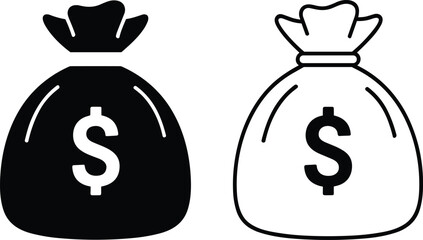 Black and white money bag icons with dollar sign finance currency
