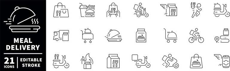 Meal delivery icons set . editable line icons for food service and logistics