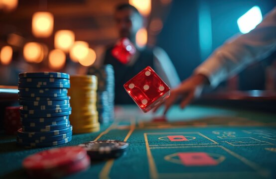 Red dice thrown on green casino table with poker chips. Hand of dealer or player in white shirt throwing dice in gambling hall. People play dice game in casino.