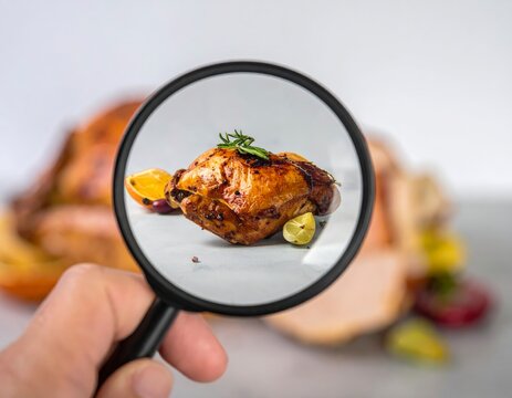 Magnifying glass inspecting delicious roasted chicken with herbs and citrus for quality - Powered by Adobe