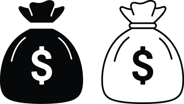 Black and white money bag icons with dollar sign finance currency