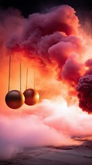 Two large, metallic spheres are suspended by chains against a dramatic backdrop of swirling red and pink smoke. The lighting is intense and atmospheric, creatin