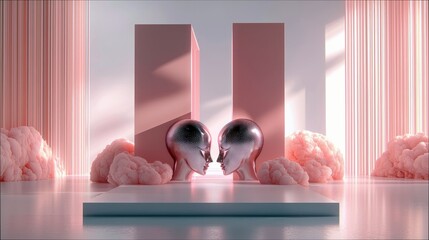 Two metallic heads are positioned facing each other in a minimalist studio setting. The scene features pink geometric shapes, soft pink cloud-like textures, and