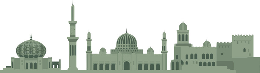 Islamic skyline illustration, mosque architecture, green domes, minarets and arches, cultural heritage, traditional buildings, Middle Eastern art