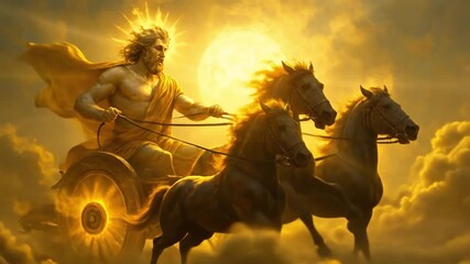 god Helios Greek sun god driving a fiery chariot across the sky, glowing with intense light. Radiant Sun Deity Charioteer with Galloping Horses Soaring Through Golden Clouds at Dawn