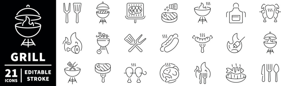 Grill and barbecue icons set. editable line icons, outline, cooking symbols