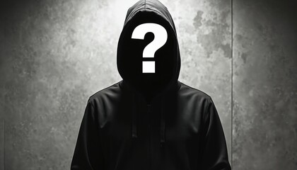 Person in black hoodie stands against textured wall. Large white question mark covers face, mystery, unknown identity. Image conveys anonymity, intrigue, privacy in digital world, representing doubt
