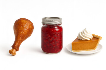 Thanksgiving dinner food set showing a roasted turkey drumstick a jar of red cranberry sauce and a slice of pumpkin pie with whipped cream isolated on white background
