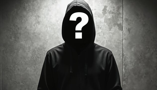 Person in black hoodie stands against textured wall. Large white question mark covers face, mystery, unknown identity. Image conveys anonymity, intrigue, privacy in digital world, representing doubt