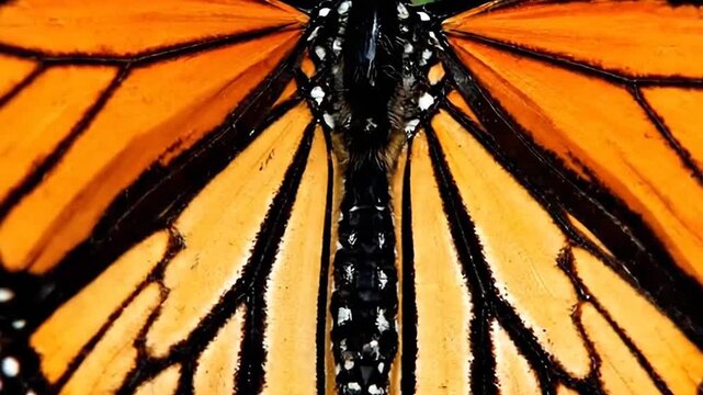 A close up view of an orange and black butterfly wings