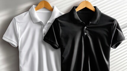 Two polo shirts, one white and one black, are displayed hanging on wooden hangers against a light grey textured wall. Soft light casts shadows from blinds onto
