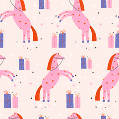 Seamless pattern with pink horses. Vector