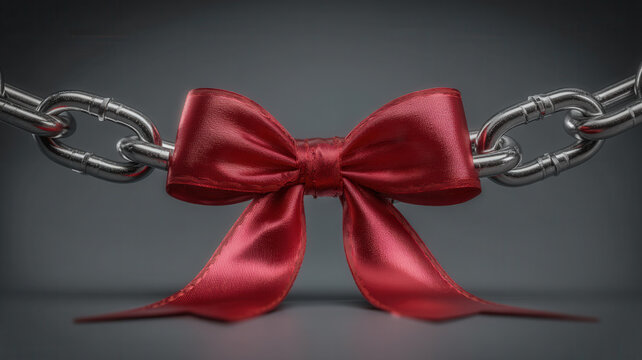 Shiny red ribbon bow is tied around metal chain, symbolizing strength and elegance. contrast between delicate ribbon and sturdy chain creates striking visual effect