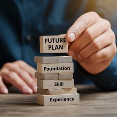 Hand building future plan strategy with wooden blocks on dark table