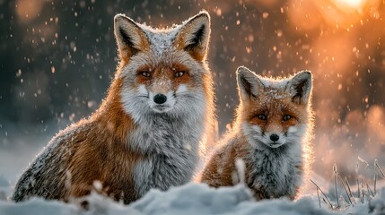 Obraz premium Stunning, photorealistic wildlife photograph of a beautiful mother fox and her adorable cub sitting together in a serene, snowy landscape at sunset.