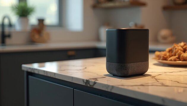 Smart speaker sits on kitchen counter. Modern device offers voice command for household tasks. It integrates tech into daily life for convenience and automation.