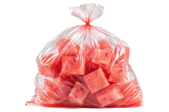 Red watermelon cubes packed inside colorful plastic bag on transparent background