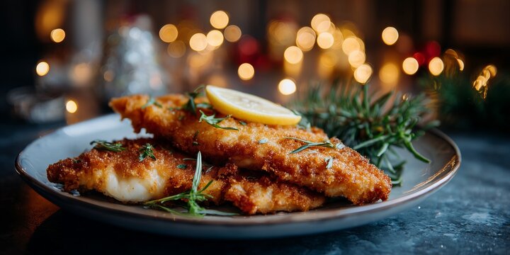 Crispy fried fish fillet with lemon and herbs rests on a festive plate with warm lights. A traditional Polish Christmas Eve dish known as fried carp.