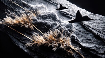 Two dark silhouette birds in flight above a textured, dark surface resembling water or rock. Dry, feathery reeds are in the foreground, with wisps of mist or sm