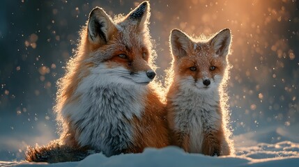 Obraz premium Stunning, photorealistic wildlife photograph of a beautiful mother fox and her adorable cub sitting together in a serene, snowy landscape at sunset.