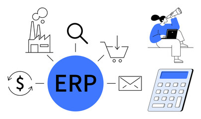 ERP at center, linking factory, magnifying glass, cart, dollar, mail, calculator, person researching. Ideal for business planning organization efficiency finance analytics strategy simple flat