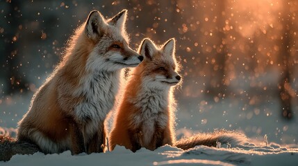 Obraz premium Stunning, photorealistic wildlife photograph of a beautiful mother fox and her adorable cub sitting together in a serene, snowy landscape at sunset.