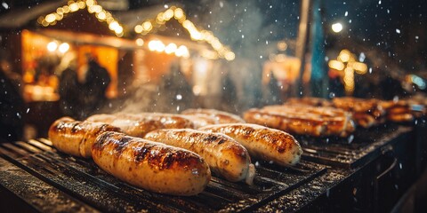 Golden bratwursts sizzle on a steaming grill, served in crusty buns under glowing Christmas market lights and gentle snowfall.