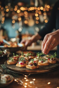 Hands arrange festive canapes with herbs and berries on a serving tray as twinkling kitchen lights glow softly behind.