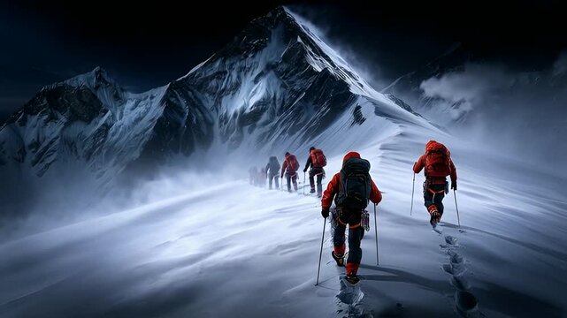 Brave mountaineers climbing snowy peak with ice axes in extreme weather video