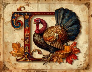Ornate Thanksgiving Turkey Illuminated Letter T with Autumn Harvest Decor Vintage Illustration