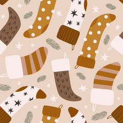 Seamless pattern with christmas socks for gifts christmas. Vector