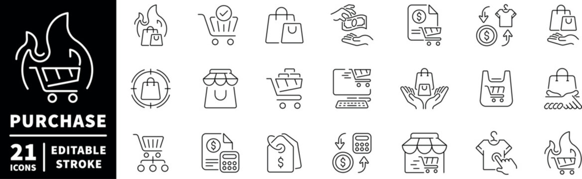 Shopping and purchase icons set. editable line icons for retail and e-commerce