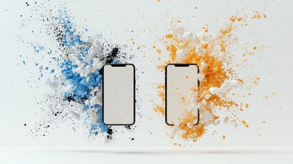 Two modern smartphones are positioned centrally against a clean white background. Each phone is surrounded by a dynamic explosion of colorful powder, one with b
