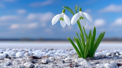 Close-up of two delicate white snowdrop flowers with green stems and leaves emerging from the ground covered in snow and small stones, set against a bright blue