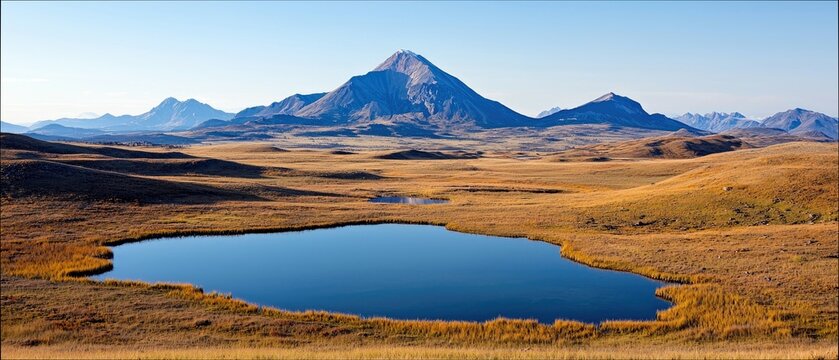 A panoramic view of a serene mountain range with a reflective lake in the foreground, surrounded by dry, golden grassland. The scene is bathed in bright, natura