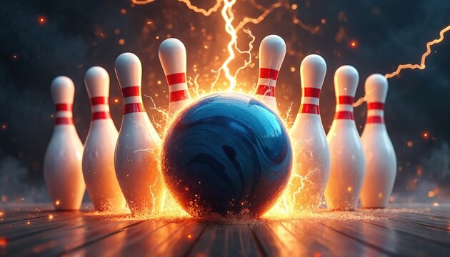 Blue bowling ball radiates energy, lightning, fire on wooden lane. Moves towards white pins with red stripes. Impact imminent, powerful strike about to happen in dynamic sport game with action.