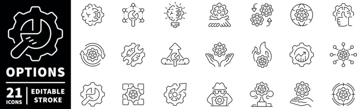 Mechanical engineering icons set. editable line icons, tools and machinery symbols